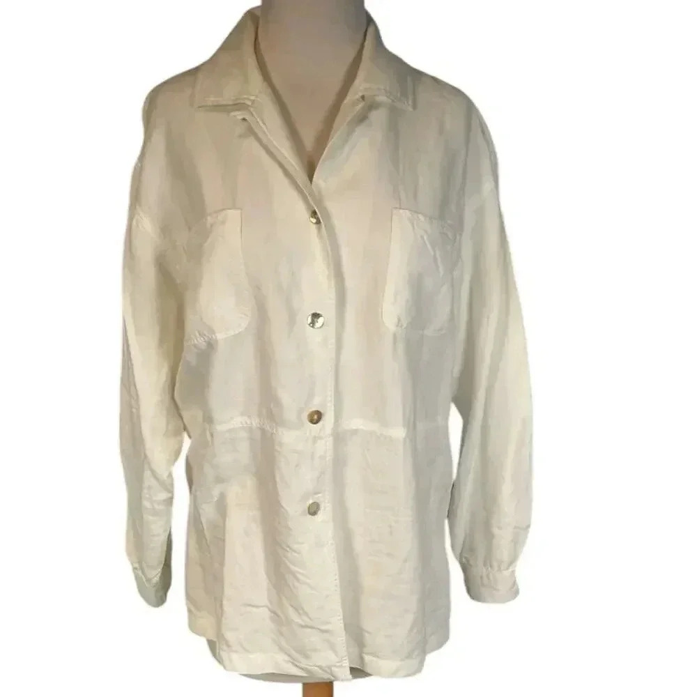 Merona Linen Button Down Long Sleeve Women's White Shirt Size Medium Casual